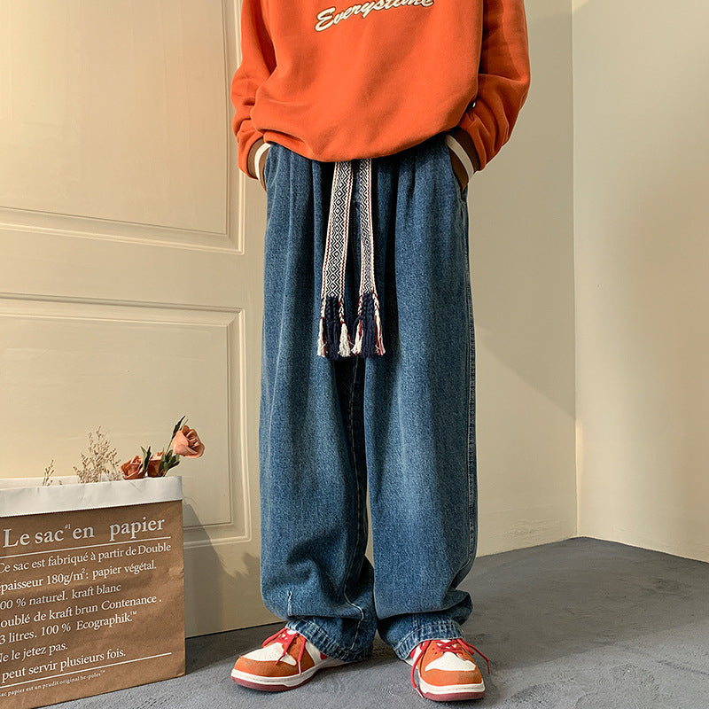 Men Jeans Vintage Dark Blue Jeans Men's Loose plus Size Straight Wide Leg Pants