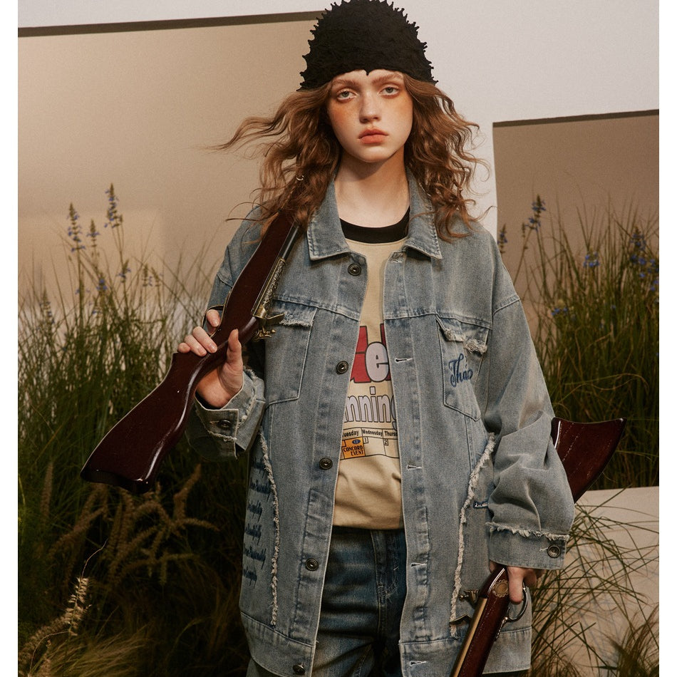 Unisex Jacket Vintage Worn Looking Washed-out Denim Coat Jacket