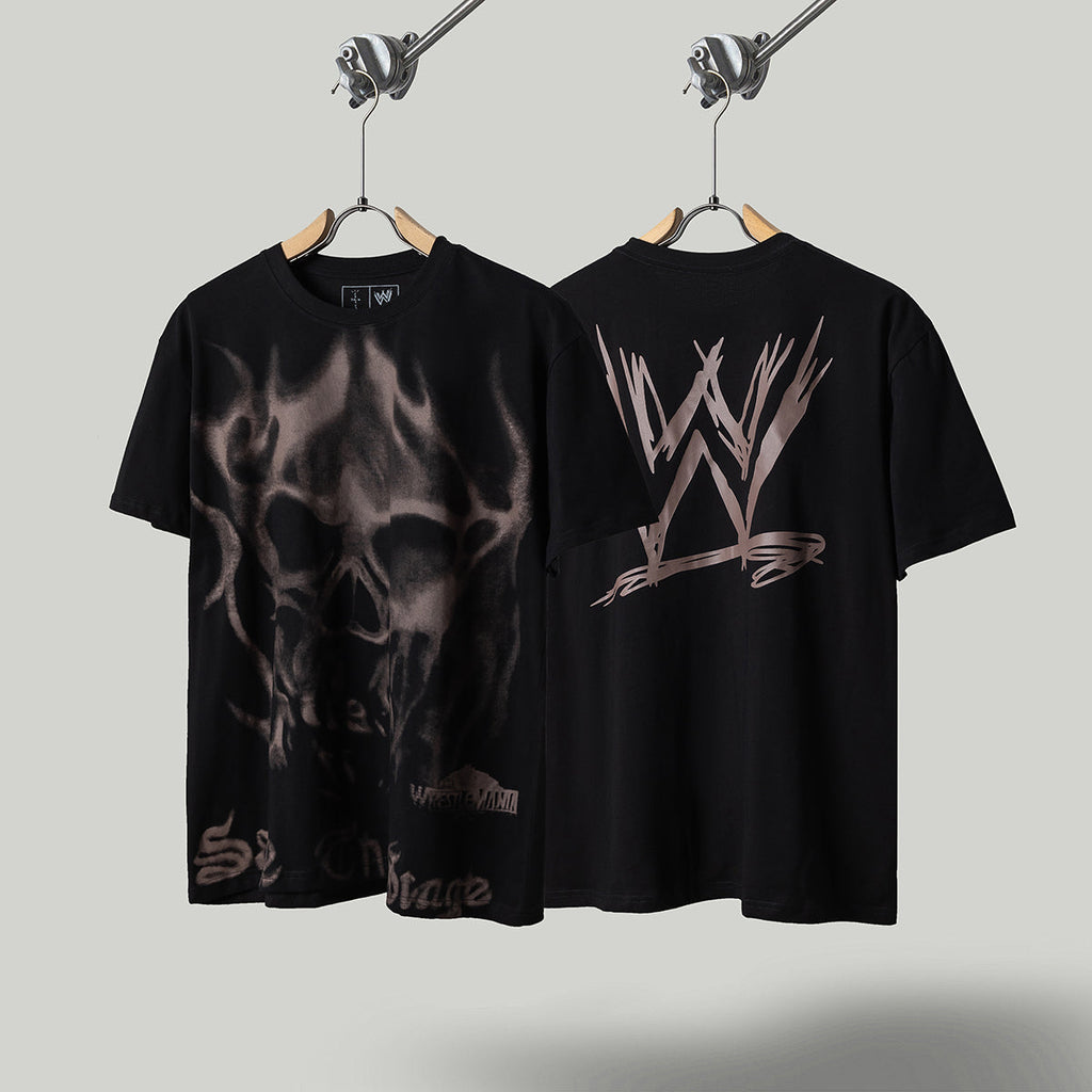 Travis Scott T Shirts x WWE joint model flame skull letter SAGE THE STAGE letter print retro short-sleeved T-shirt