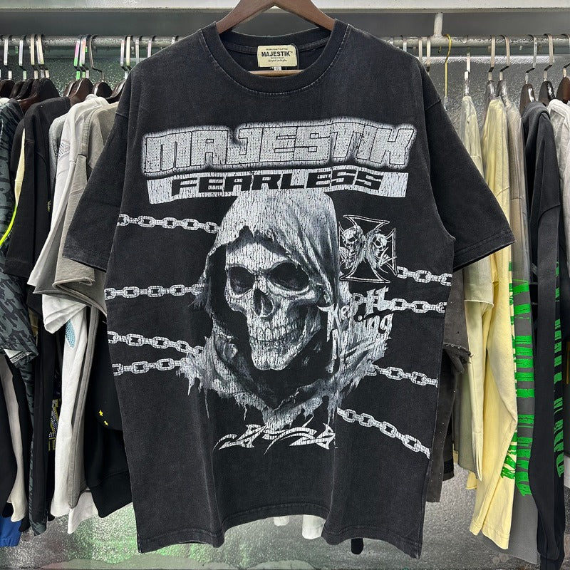 MAJESTIK T Shirts Death Chain Garment Dyed Printing Crop Tee Hot Diamond