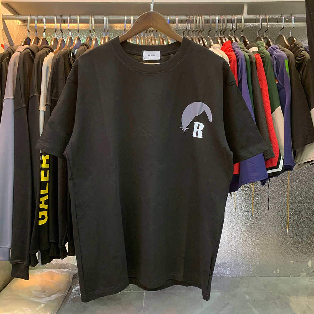 Rhude T Shirts Black Moon Print Loose Casual Short Sleeve Men and Women