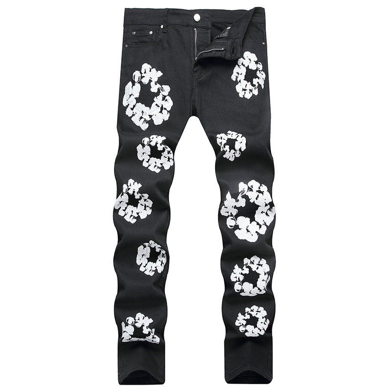 Mens Fashion Jeans White cotton flower 1322#
