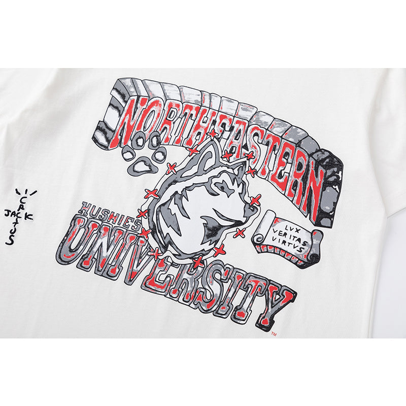 Travis Scott T Shirts x Mitchell x Ness Northeastern Huskies Hand-Deawn Short Sleeve