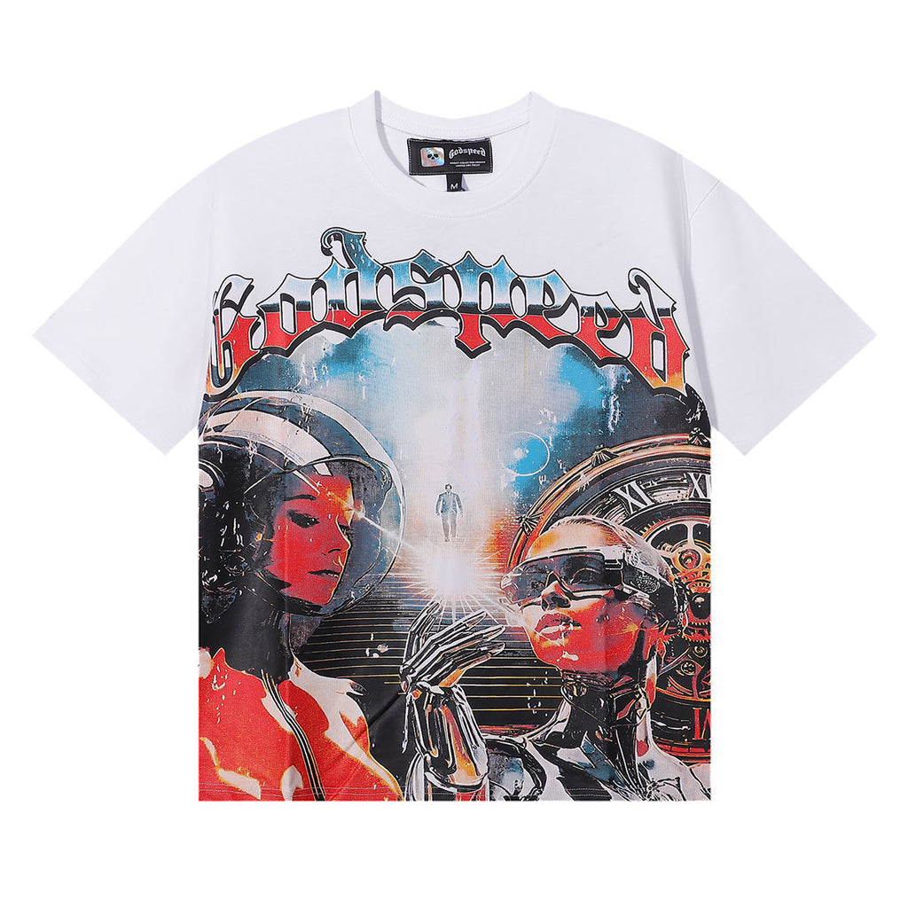 Godspeed T Shirts Astronaut Robot Printed Cotton Casual Short Sleeve Men and Women