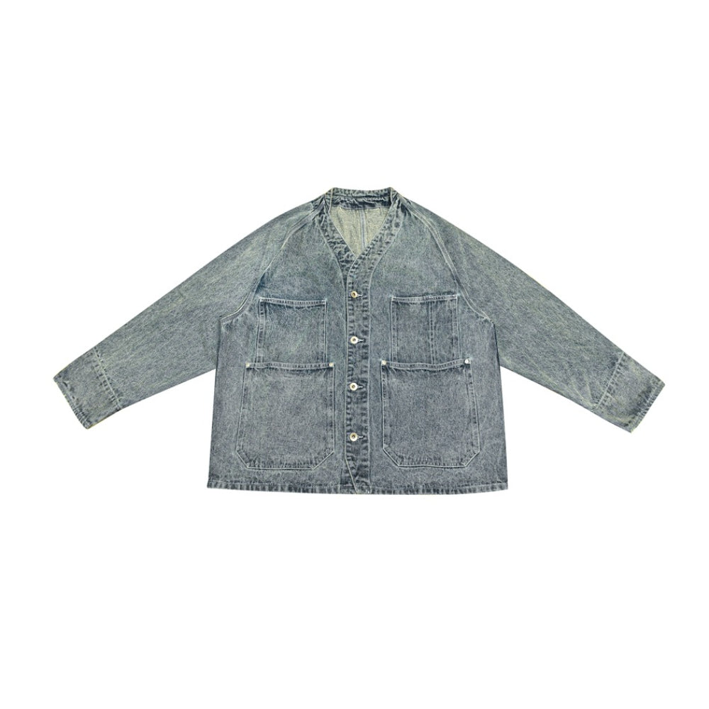 Unisex Jacket Vintage Loose Washed-out Four-Bag Workwear Denim Jacket