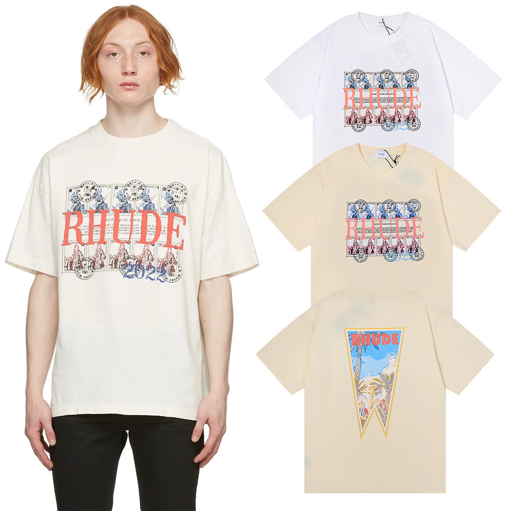 Rhude T Shirts Oil Painting Clock Coconut Tree Print Short Sleeves