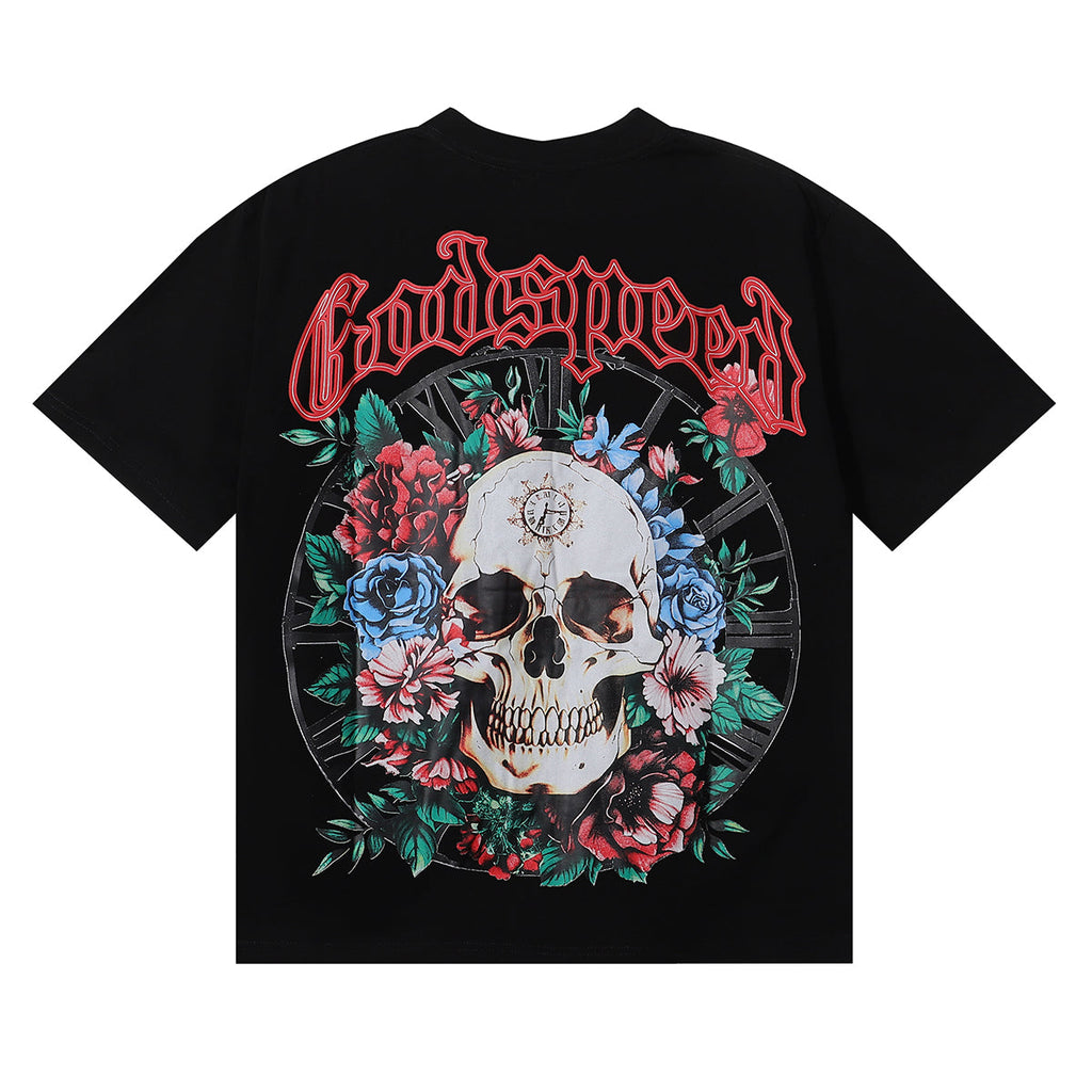 Godspeed T Shirts Skull Rose Clock Plate Double Yarn Cotton Casual Short Sleeve Men and Women