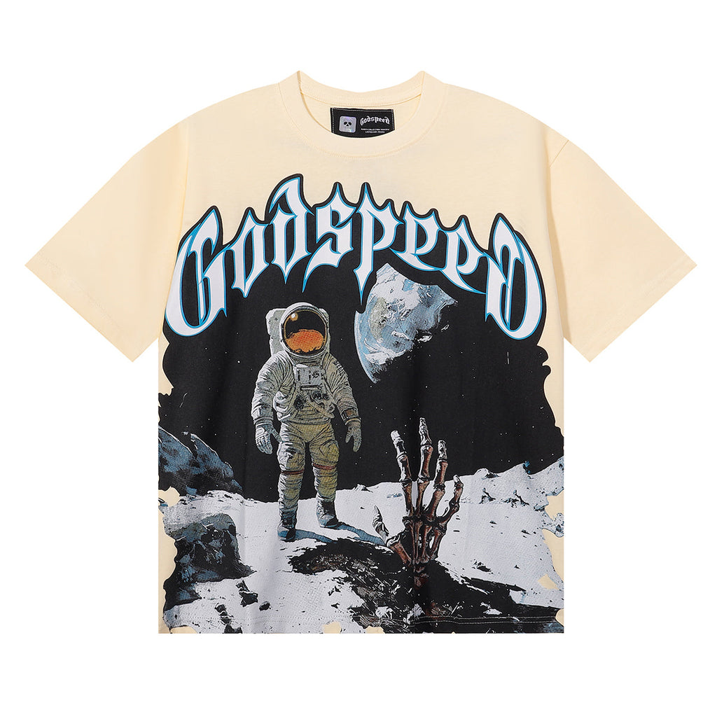 Godspeed T Shirts Astronaut Moon Landing Print Cotton Casual Short Sleeve Men and Women