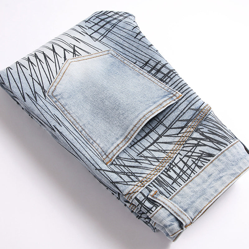 Mens Fashion Jeans Cross-line wide-leg pants 5718#