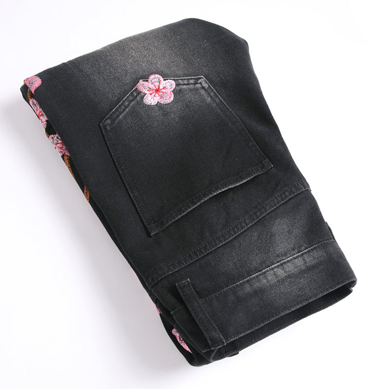 Mens Fashion Jeans Pink cherry blossom embroidered wide-leg pants 5710#