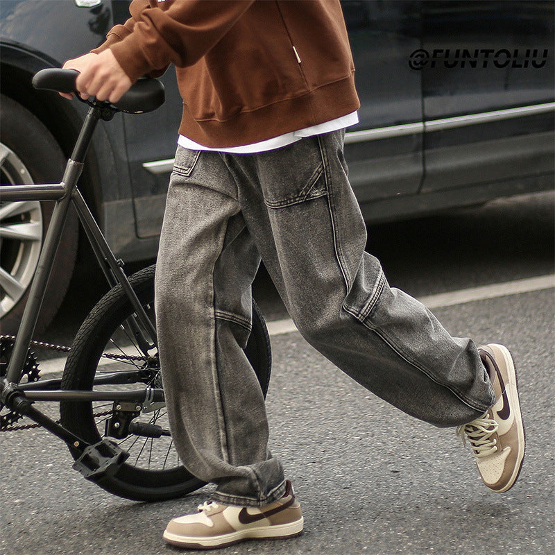 Men Jeans Cargo Jeans Male Autumn and Winter Loose Straight-Leg Trousers