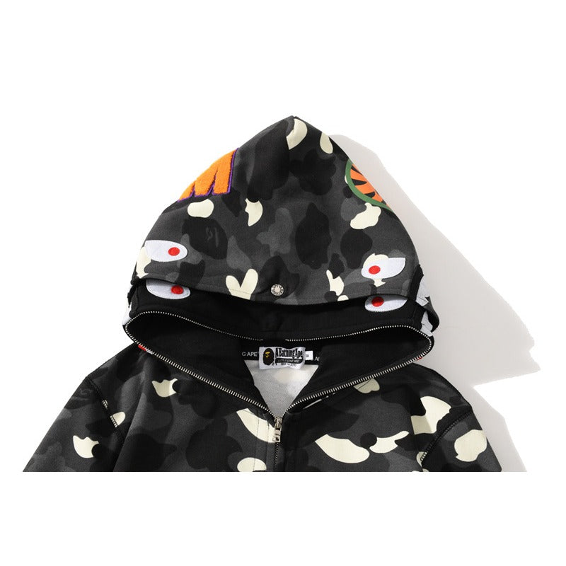 Bathing Ape Hoodie Double Hat Luminous Camouflage Cardigan Zip Hooded Velvet Shark