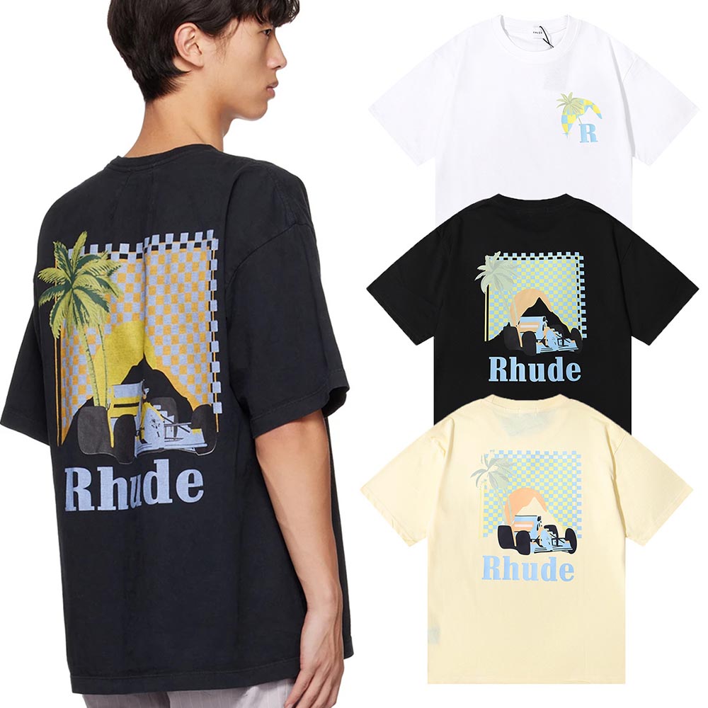 Rhude T Shirts Coconut Racing Printed Cotton Casual Short Sleeves Men and Women