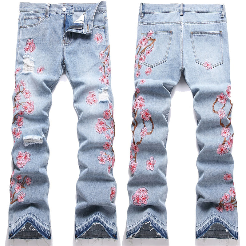 Mens Fashion Jeans Pink cherry blossom embroidered wide-leg pants 5711#
