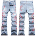 Mens Fashion Jeans Pink cherry blossom embroidered wide-leg pants 5711#