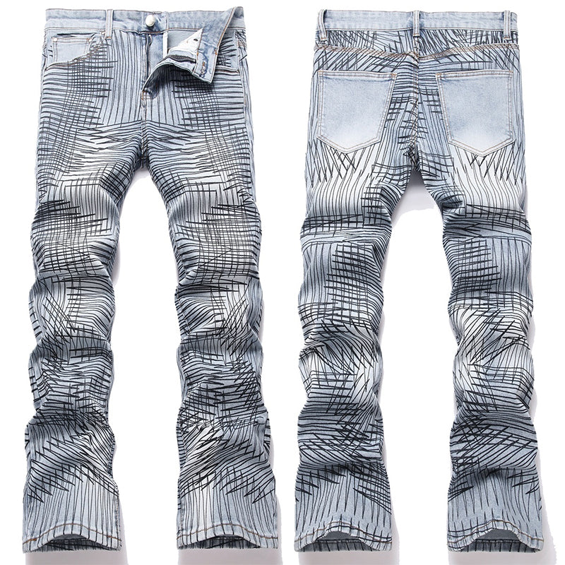 Mens Fashion Jeans Cross-line wide-leg pants 5718#