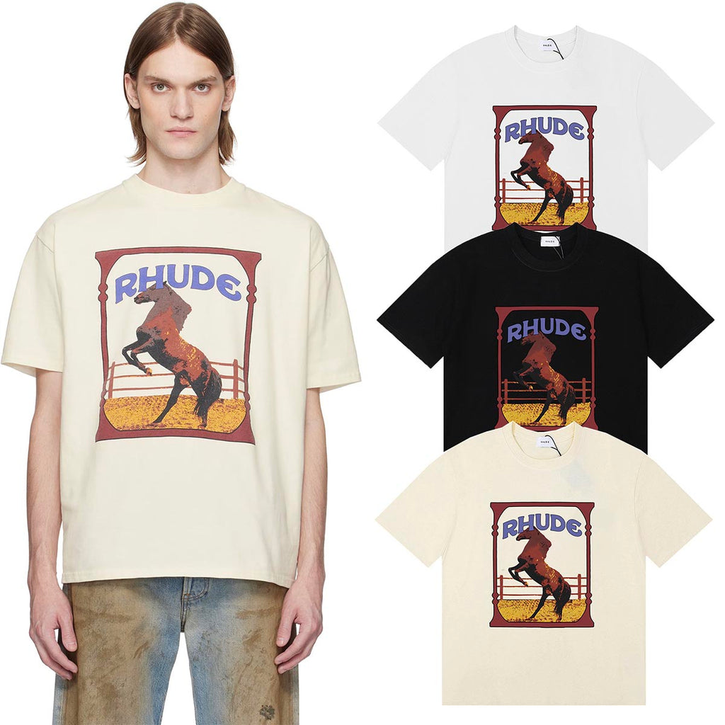 Rhude T Shirts Horse Frame Printing Cotton Casual Short Sleeve Men and Women