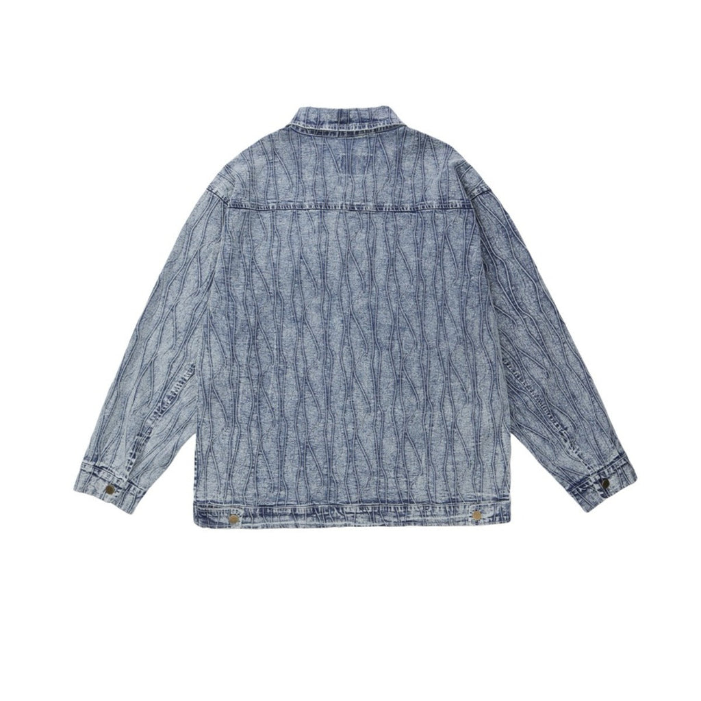 Unisex Jacket Wavy Jacquard Denim Jacket Men's and Women's Turn-down Collar Coat Denim Jacket