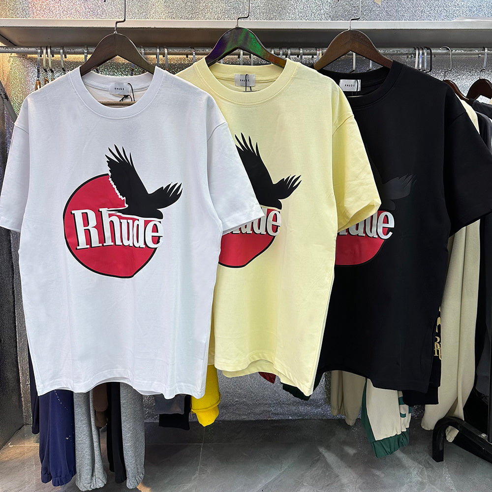 Rhude T Shirts Black Peace Dove Print Cotton Casual Short Sleeve Men and Women