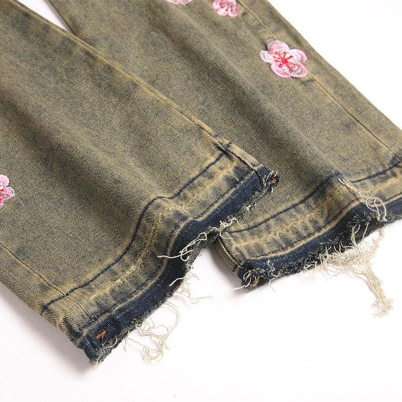 Mens Fashion Jeans Pink cherry blossom embroidery 5719#