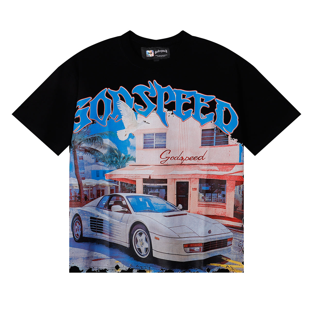 Godspeed T Shirts Convenience Store White Car Printing Cotton Casual Short Sleeve Men's and Women's