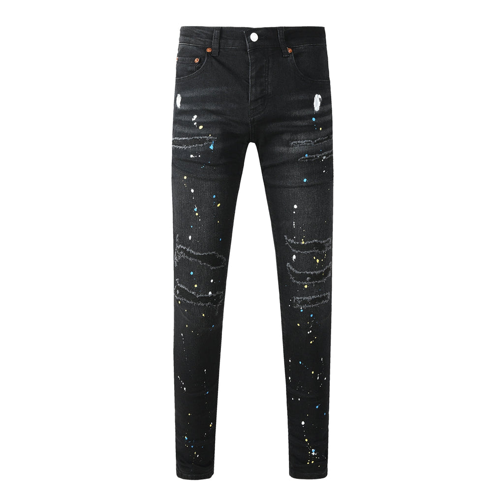 Mens trendy purple jeans, 100% cotton High Street Distressed