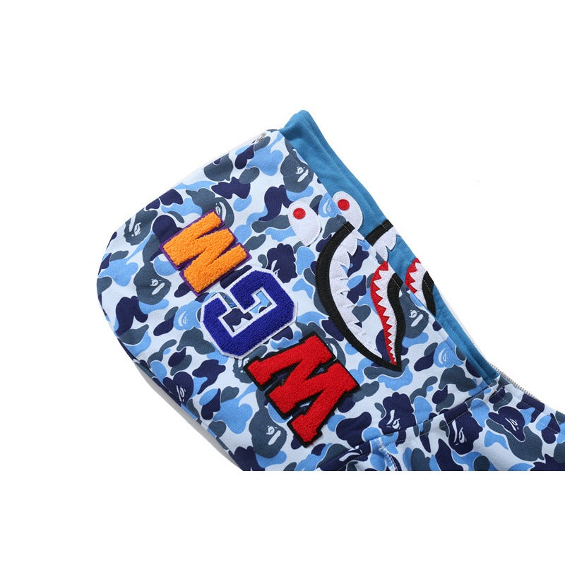 Bathing Ape Hoodie Camouflage Double Hat Autumn/Winter Fleece Cardigan Zipper Loose Shark