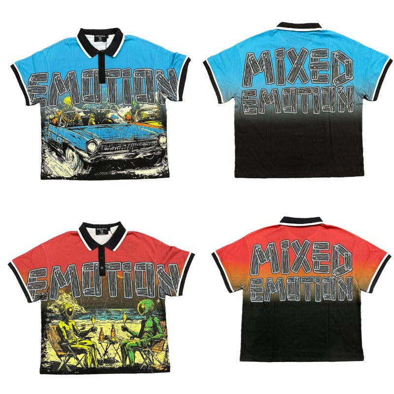 Mixed Emotion T-Shirt polo shirt lapel mesh casual loose short sleeves