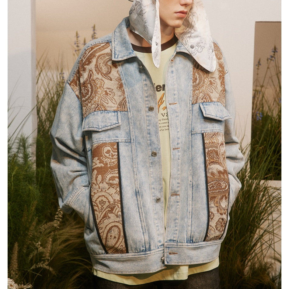 Unisex Jacket Vintage Paisley Stitching Washed Denim Jacket