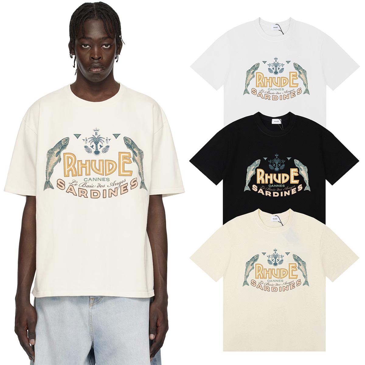 Rhude T Shirts Sardines Badge Printing Cotton Casual Short Sleeve Men and Women