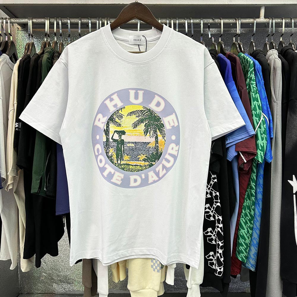 Rhude T Shirts Lake Coconut Landscape Print Cotton Casual Short Sleeve Men and Women