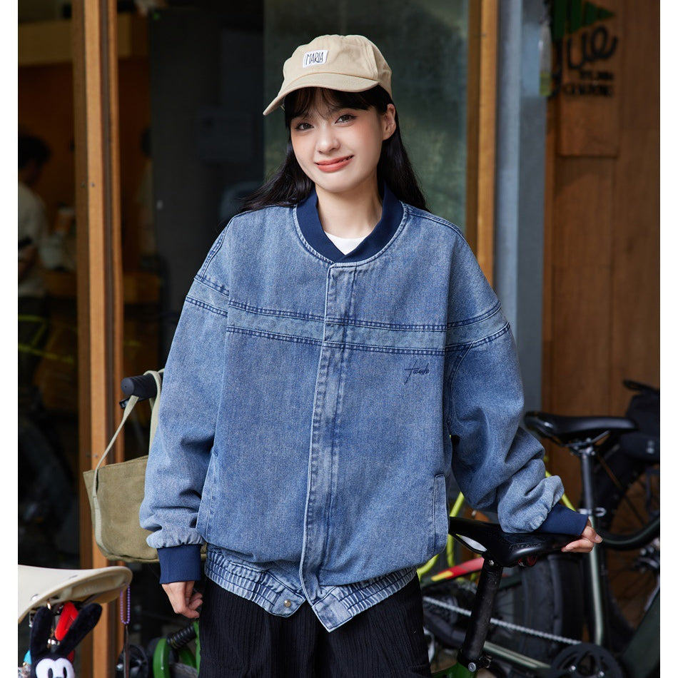 Unisex Jacket Washed-out Vintage Baseball Collar Coat Denim Jacket