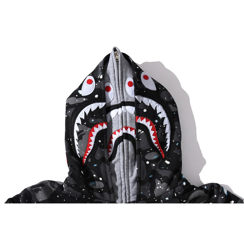 Bathing Ape Hoodie Luminous Starry Sky Two-Hat Cardigan Zipper Velvet Shark