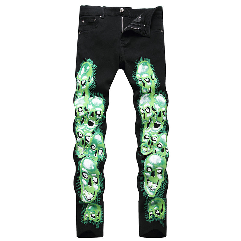 Mens Fashion Jeans Green glowing skull 5709#
