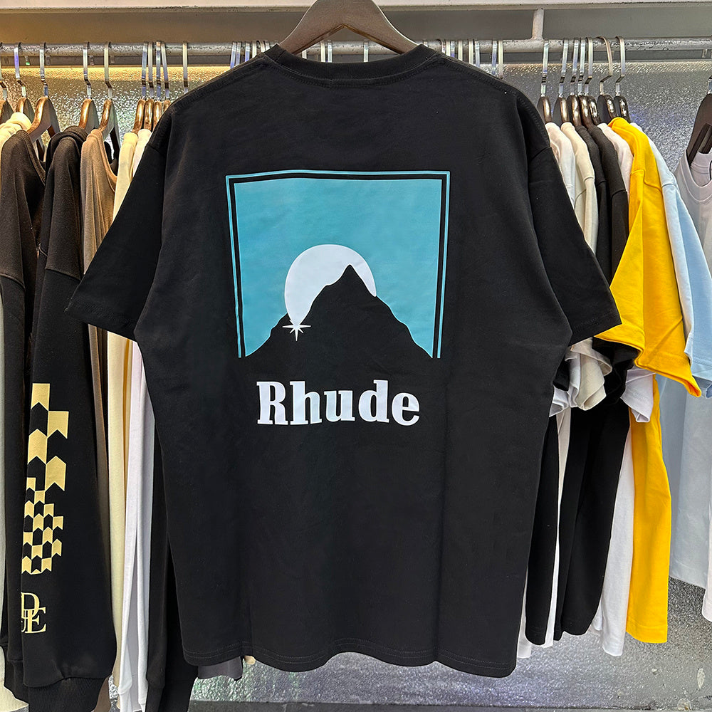 Rhude T Shirts Blue Sunset Print Cotton Casual Short Sleeve Men and Women