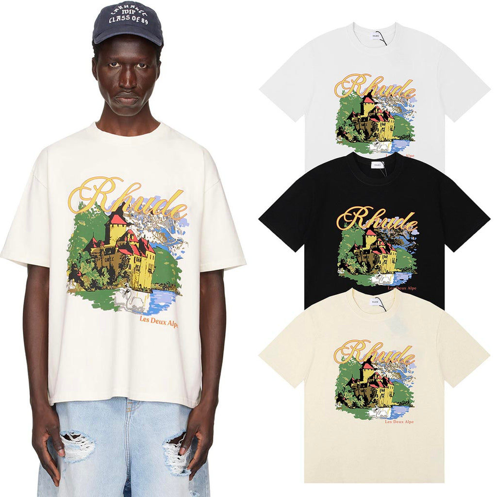 Rhude T Shirts Alpine Villa Printed Cotton Casual Short Sleeve Men and Women