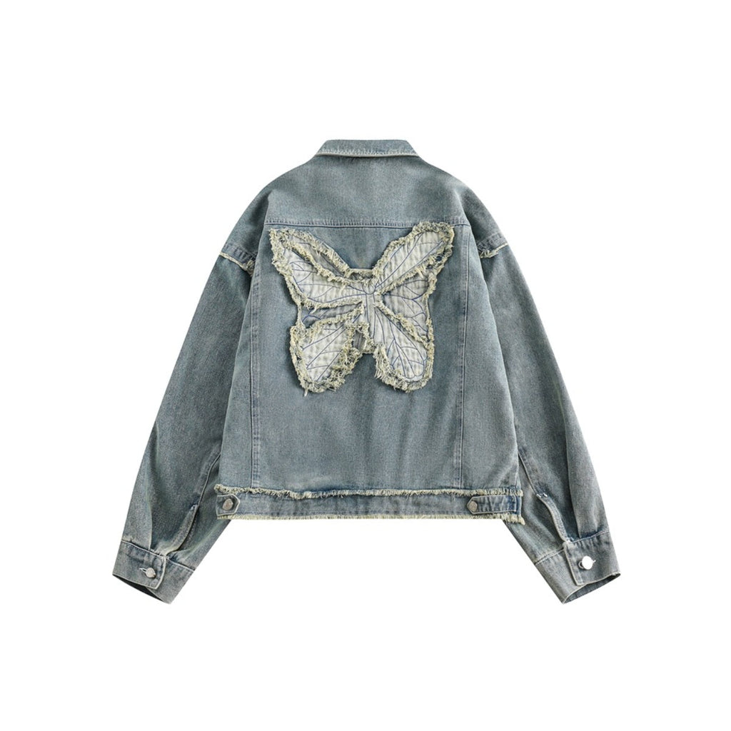 Unisex Jacket Butterfly Embroidery Washed Denim Jacket Loose Jacket
