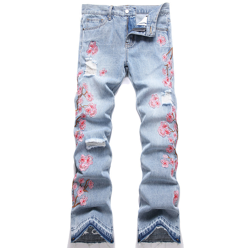 Mens Fashion Jeans Pink cherry blossom embroidered wide-leg pants 5711#