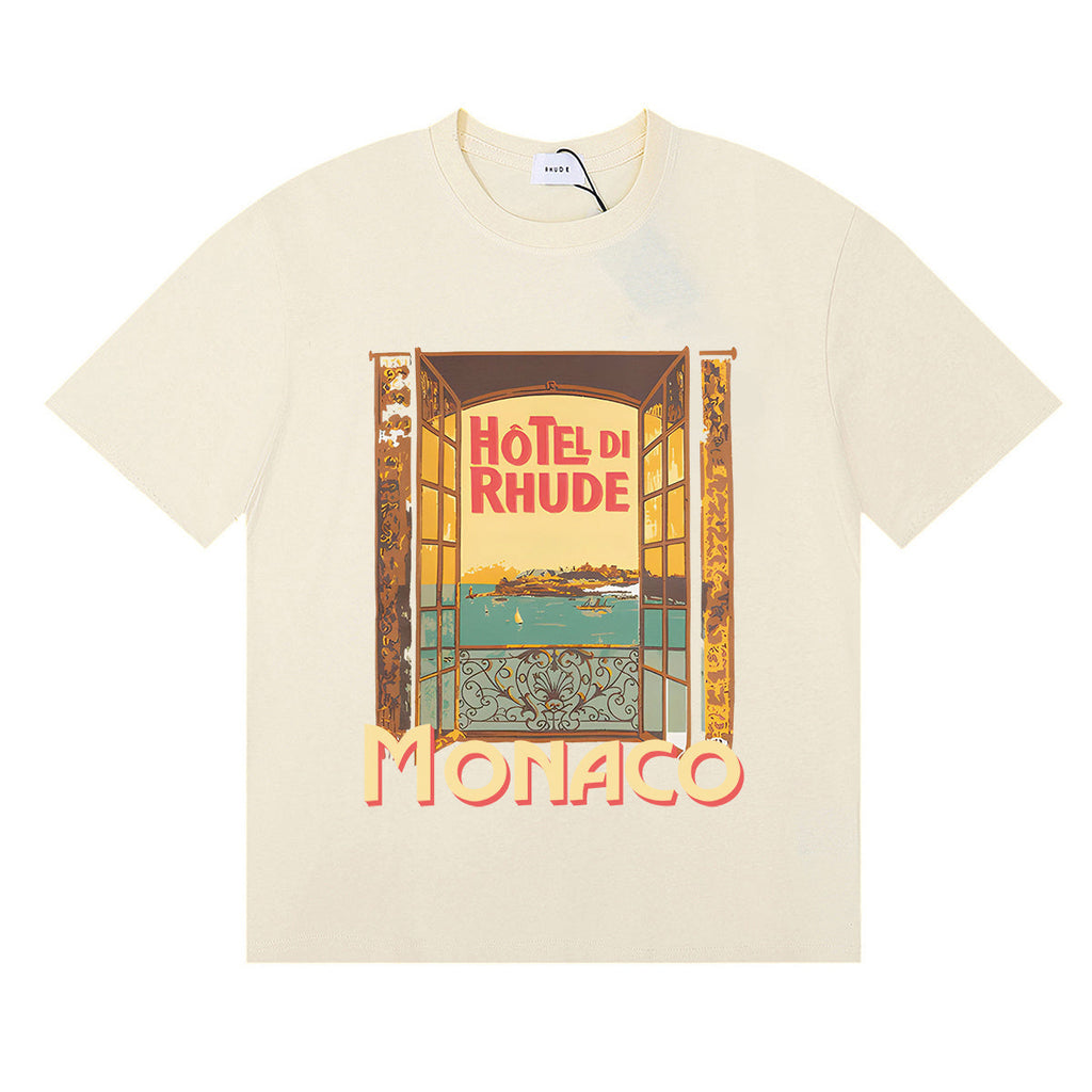 Rhude T Shirts Windowsill Seaview Printing Cotton Casual Short Sleeve Men and Women