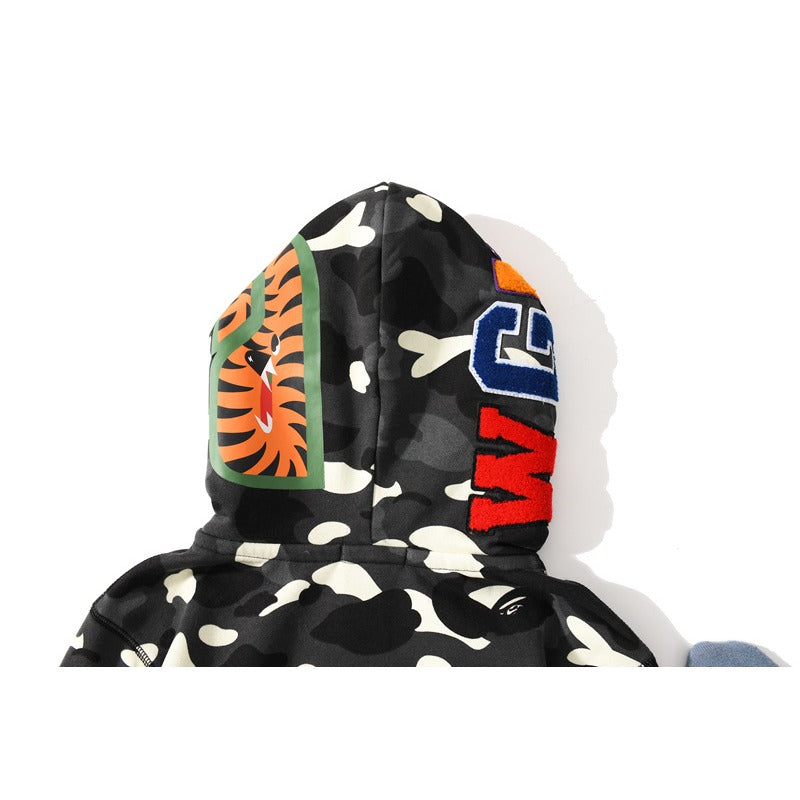 Bathing Ape Hoodie Double Hat Luminous Camouflage Cardigan Zip Hooded Velvet Shark
