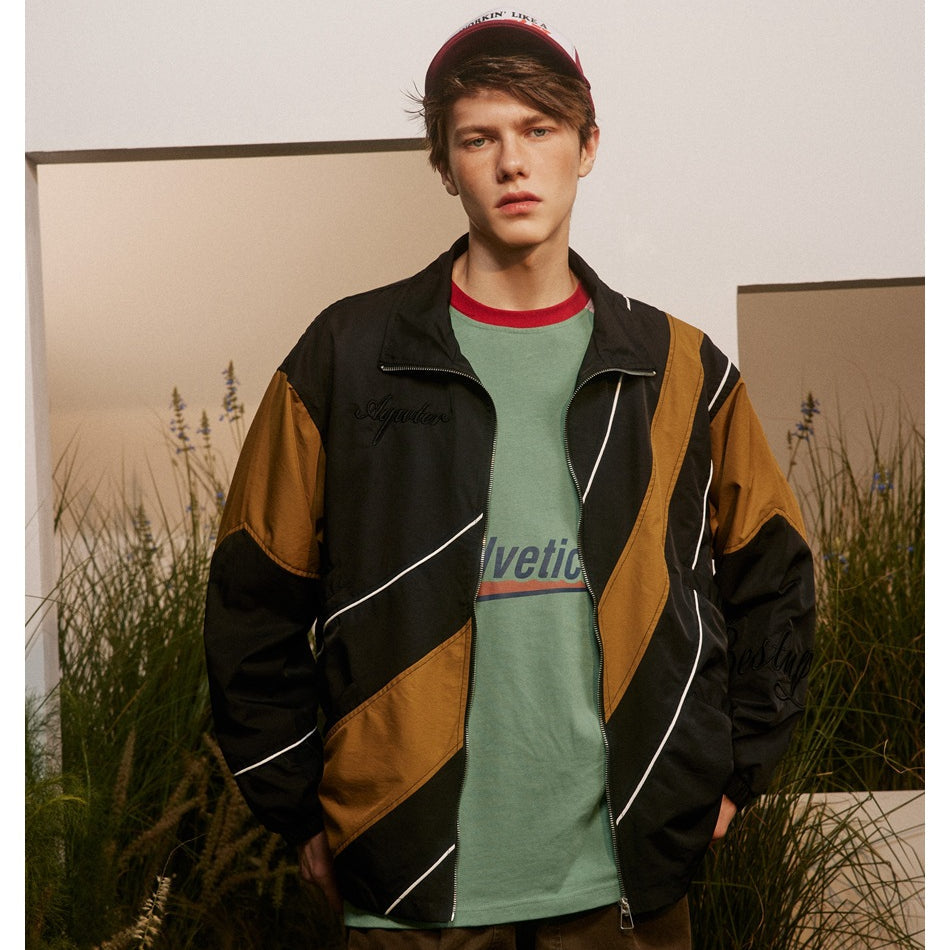 Unisex Jacket Spring and Autumn Retro Patchwork Contrast Color Stand-up Collar Coat