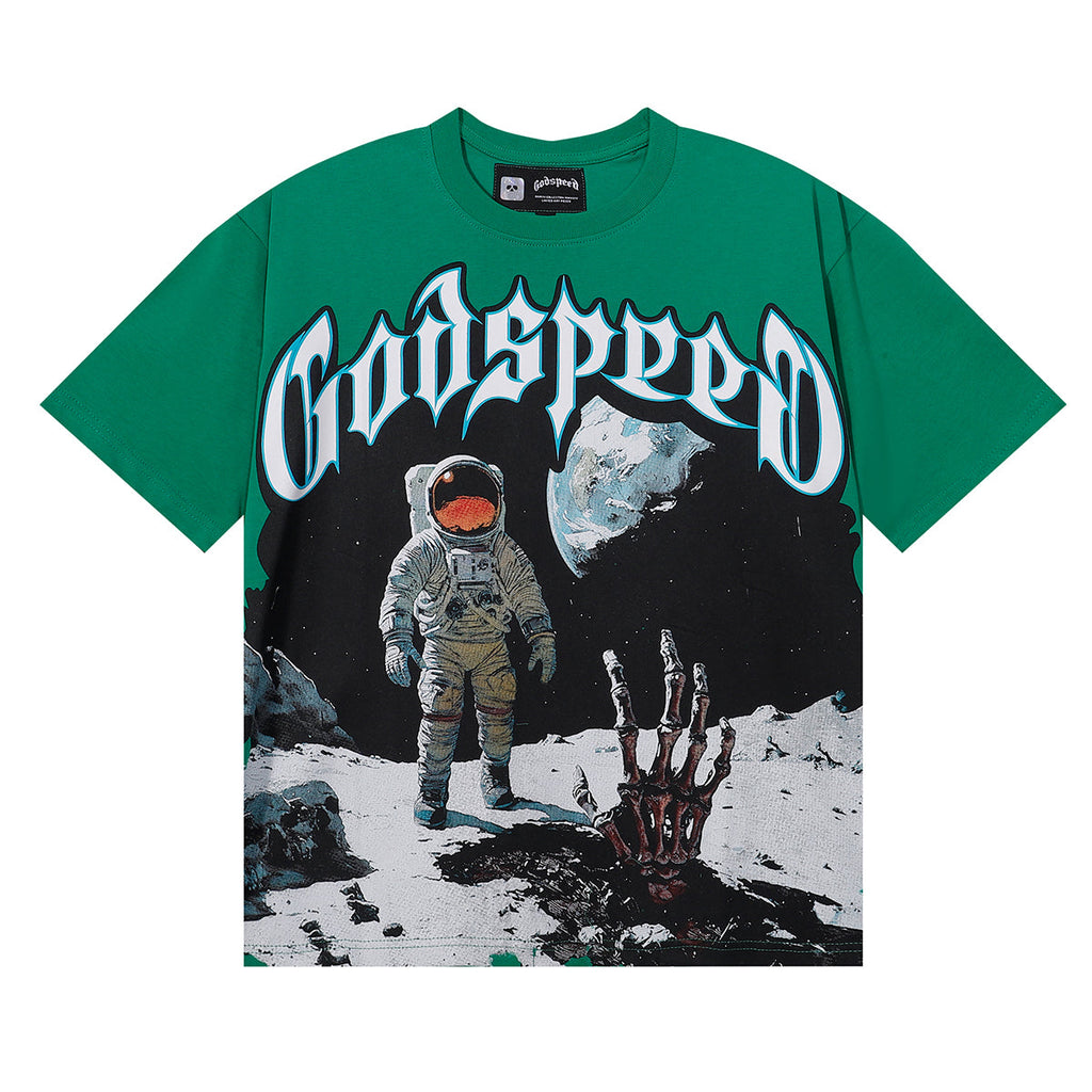 Godspeed T Shirts Astronaut Moon Landing Print Cotton Casual Short Sleeve Men and Women