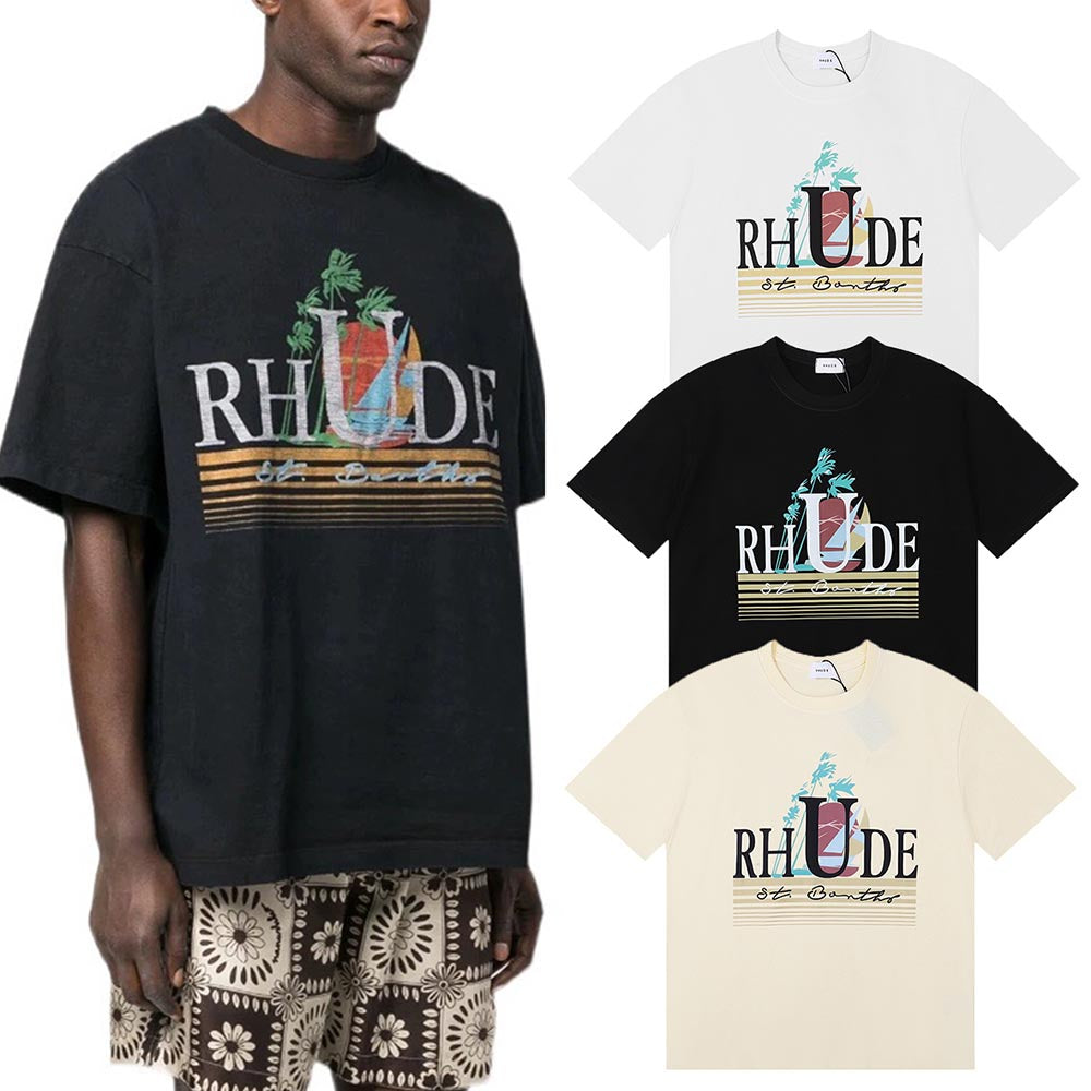 Rhude T Shirts Coconut Sunset Sailing Printing Cotton Casual Loose Short Sleeve Men and Women