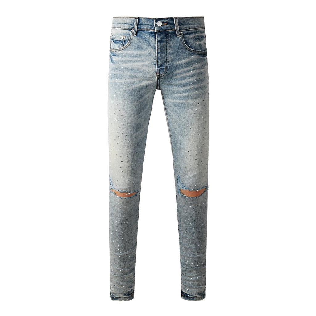 Mens trendy purple jeans, 100% cotton High Street Distressed