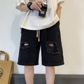 Men Jeans Light Blue Drawstring Ripped Denim Shorts Oversize