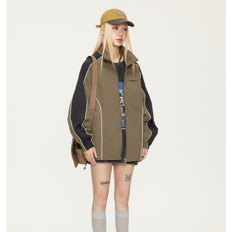 Unisex Jacket Vintage V Contrast Color Stand-up Collar Sports Jacket Men's and Women's Coats