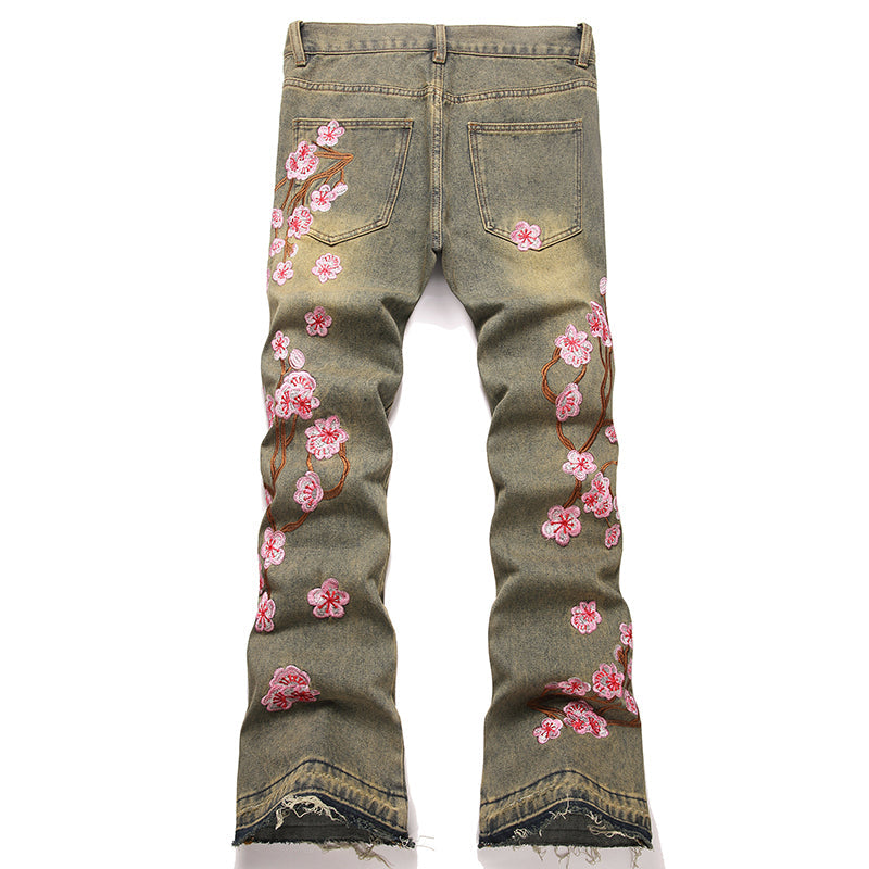 Mens Fashion Jeans Pink cherry blossom embroidery 5719#