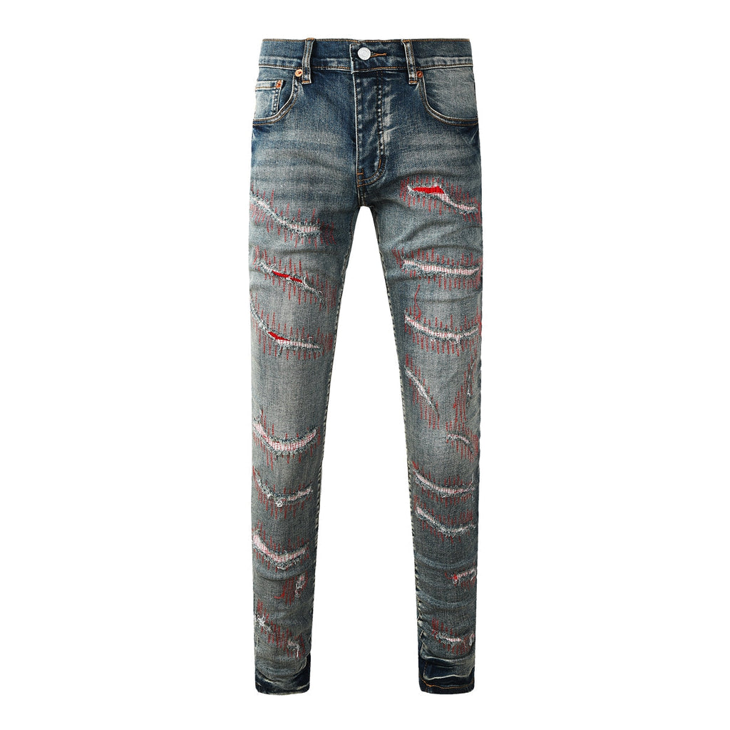 Mens trendy purple jeans, 100% cotton High Street Distressed