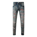 Mens trendy purple jeans, 100% cotton High Street Distressed