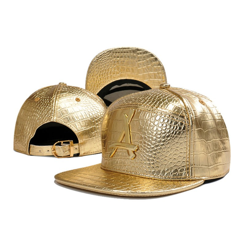 Trendy flat brimmed snapback hats gold leather adjustable visor